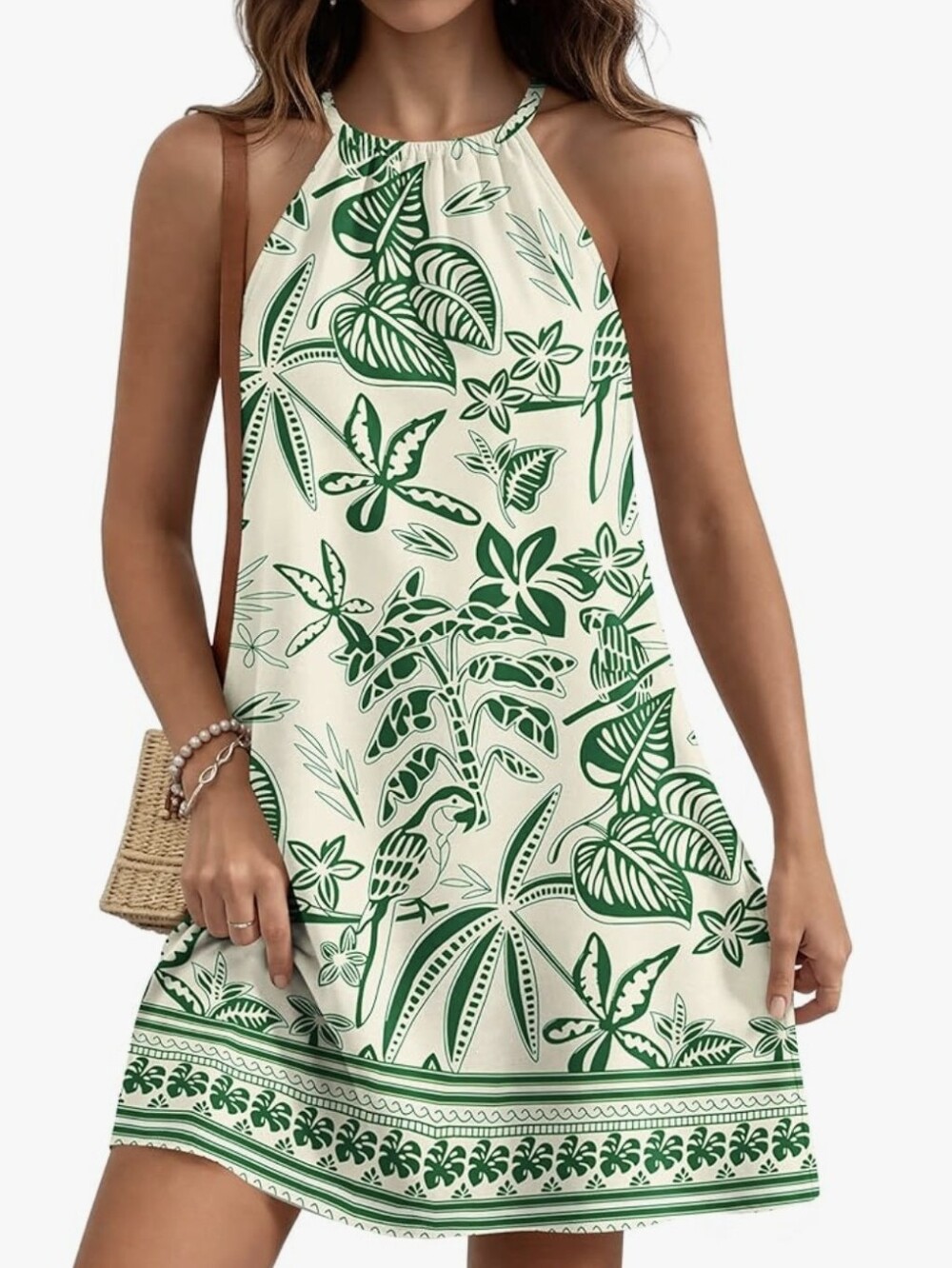 Sleeveless Green Tropical Print Halter Dress